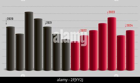Infographic poster with red and black 3d cylinders representing year numbers when ammount increased or droped Stock Vector