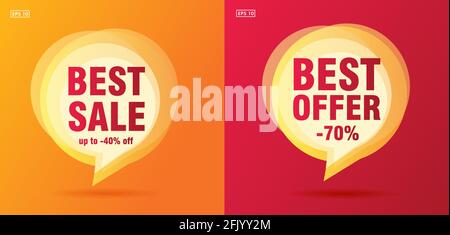best offer hot summer sale speech bubble with promo text and up to 70 percent off, red and yellow cards Stock Vector