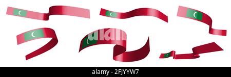 Set of holiday ribbons. Maldives flag waving in wind. Separation into lower and upper layers. Design element. Vector on white background Stock Vector