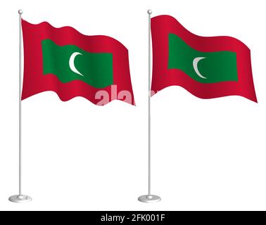 flag Maldives on flagpole waving in wind. Holiday design element. Checkpoint for map symbols. Isolated vector on white background Stock Vector