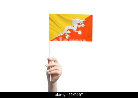 Beautiful female hand holding Butane flag, isolated on white background ...