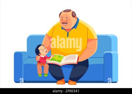 Grandfather and grandson sit on the sofa and read a book together. Happy Fathers Day postcard, relationships between family concept Cartoon vector Stock Vector