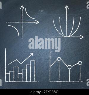 Math science icons set in line style on chalkboard. Functions and curves, graphs and charts. Vector illustration. Stock Vector