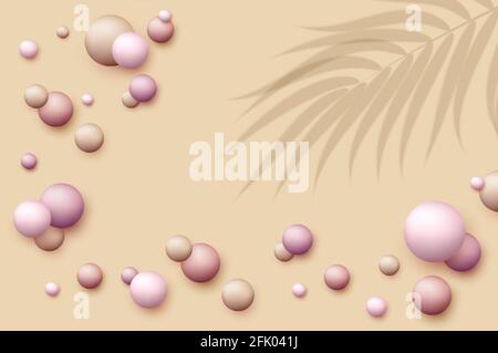 Vector dynamic background with colorful realistic 3d balls. Round sphere in pearls pastel colors with overlay palm leaves shadow. Powder balls Stock Vector