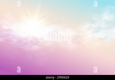 Realistic sky template with transparent cloud and sun. Blue background. Light effect. Realistic vector illustration. Stock Vector