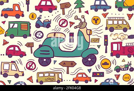 Colorful cartoon doodle of different vehicles. Cute childish style of drawing and coloring Stock Photo