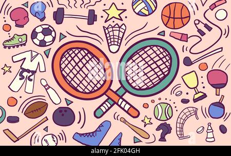 Cartoon doodle of sport and martial arts. Colorful childish illustration drawn digitally with cute simplified shape Stock Photo