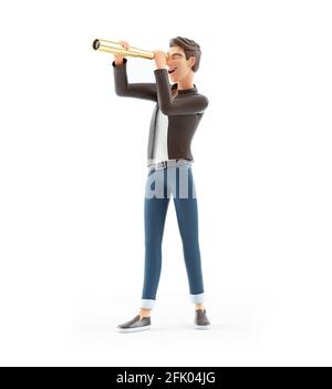 3d cartoon man looking through telescope, illustration isolated on white background Stock Photo