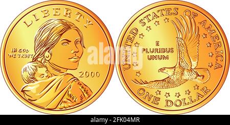 American money Sacagawea dollar, golden dollar coin, Sacagawea on obverse, flying eagle on reverse Stock Vector