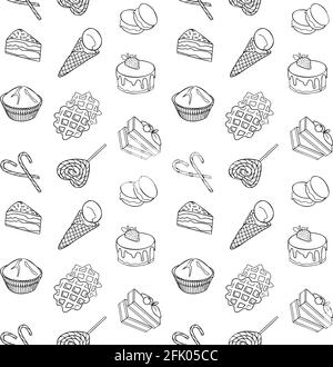 food item black outline hand drawn seamless pattern, set of bakery, sweets collection candy cane, cupcake, macaroon, icecream, pie kitchen design vect Stock Vector