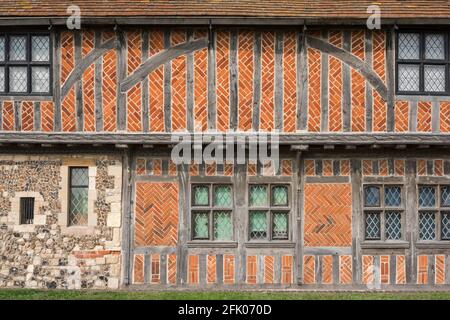 Medieval architecture UK, view of the oak half timbered with brick and flint stone infilling of the late 15th century Moot Hall in Aldeburgh, Suffolk. Stock Photo