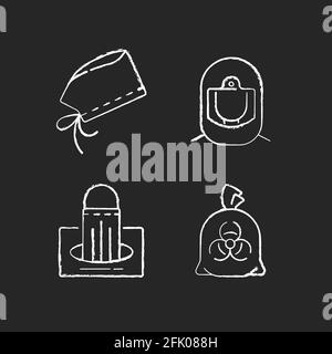 Personal protective equipment chalk white icons set on black background Stock Vector