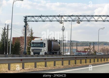 Interstate Highway Ufa - Kazan M7, Russia - Apr 23th 2021. Automatic speed camera car or traffic. Concept for surveillance on highway, street and tool Stock Photo