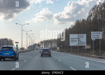 Interstate Highway Ufa - Kazan M7, Russia - Apr 23th 2021. Entrance from the federal highway M7 to the city of Kazan Stock Photo