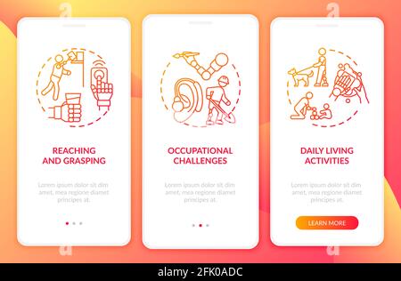 Upper extremity prostheses tasks onboarding mobile app page screen with concepts Stock Vector