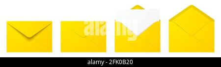 Vector set of realistic yellow envelopes in different positions. Folded and unfolded envelope mockup isolated on a white background. Stock Vector