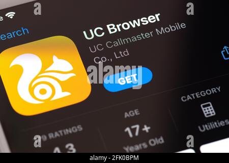Guilherand-Granges, France - February 08, 2021. Smartphone with UC Browser app logo. Web browser developed by mobile internet company UCWeb, a subsidi Stock Photo