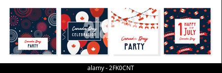 1 July. Happy Canada Day greeting card set . Celebration banner with flying balloons in canadian flag colors. Stock Vector