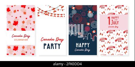 Happy Canada Day poster and web template set. 1st july. Vector illustration greeting cards. Canada Maple leaves and flags, independence day Stock Vector