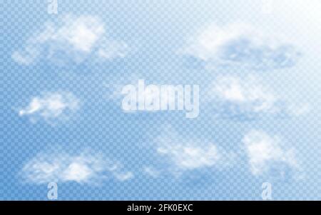 Cloud in realistic style on transparent background. Abstract clouds set. Vector design template. Stock Vector