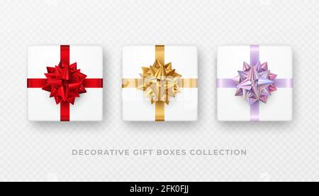 Decorative white gift box with bow and ribbon isolated on white background. Top view. Vector Stock Vector