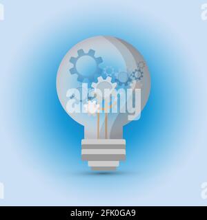 Light bulb with blue toothed wheels representing a continuous mechanism Stock Vector