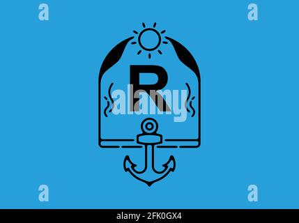 Black line art illustration of R initial letter in anchor frame design Stock Vector