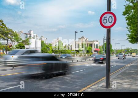 Traffic signs speed limit on the road Stock Photo