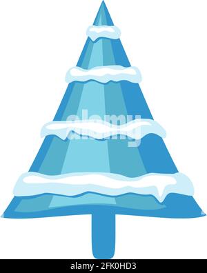 Cartoon blue snow winter tree. Festive abstract tree ready for holiday decoration. Christmas theme vector illustration for poster, label, gift card or Stock Vector