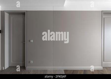 Simple Modern Grey Closed Door with Frame on Grey Wall with grey light switch and grey socket  in the Empty Room. Interior Design Element  of contempo Stock Photo