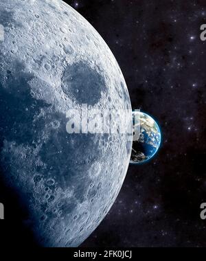 View of the Moon and the Earth. Craters and lunar valleys. Lunar outpost and new frontiers. Starting point for interstellar travel. 3d render Stock Photo