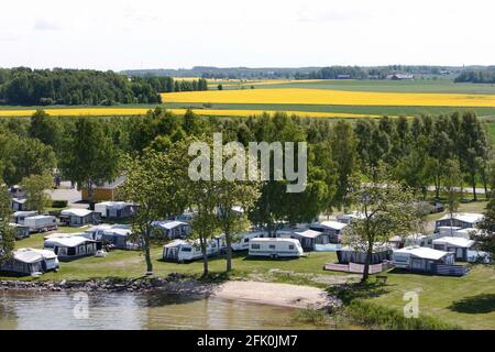 Aerial view of Vadstena Camp site (Vtterviksbadet) next to Vadstena nearby  lake Vttern, Sweden Stock Photo - Alamy