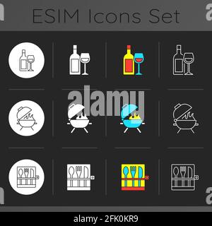 Outdoor meal dark theme icons set Stock Vector