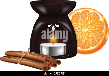 Aroma lamp with cinnamon stiks and orange. Vector illustration. Stock Vector