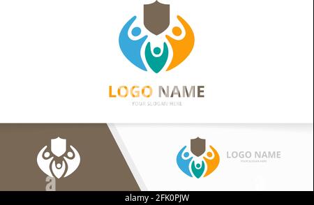 Vector shield and family logo combination. Unique guard team logotype design template. Stock Vector