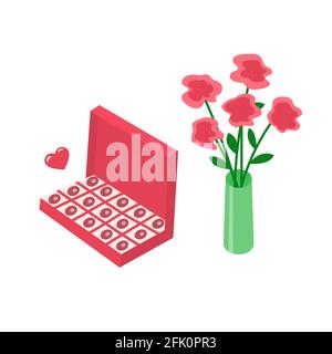 Gift candies and a bouquet of flowers in a vase. Romantic set. Love and date concept. Vector isolated cartoon illustration Stock Vector