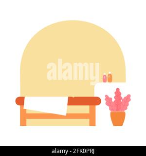 Cozy and comfortable massage room. Table, bedside table with oils, a pot of plant. Cartoon flat style. Vector illustration. Stock Vector