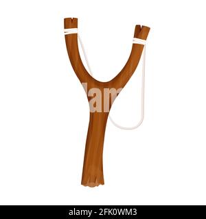 Wooden slingshot in cartoon flat style isolated on white background. Danger homemade weapon, simple catapult . Vector illustration Stock Vector