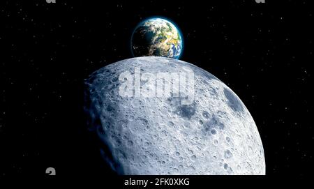 Far side of the Moon and the Earth. Craters and lunar valleys. Lunar outpost and new frontiers. Starting point for interstellar travel. 3d render Stock Photo