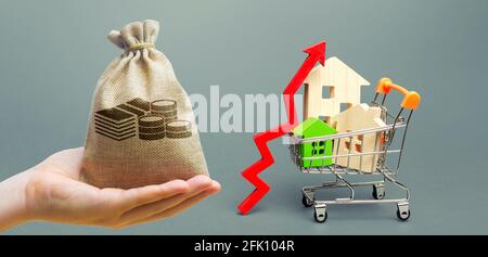 Money bag, wooden houses in a shopping cart and red arrow up. Real estate price growth concept. High demand for housing. Building maintenance. Stock Photo