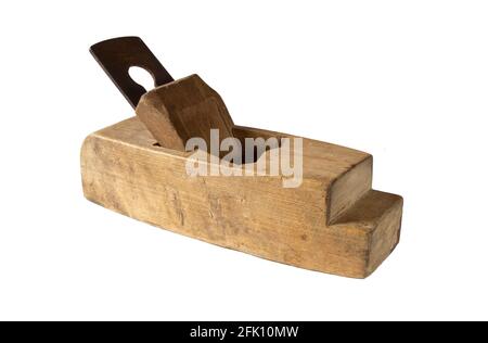 Wooden plane for wood processing by a joiner. Old carpenter's tool isolated on white background Stock Photo