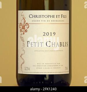 Wine label. Christophe et Fils. Grand Vin de Bourgogne. 2019.  Petit Chablis. Stock Photo