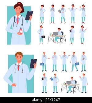 Male female doctors poses set, young woman man in hospital uniform standing, working Stock Vector