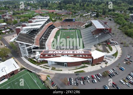 An aerial view of Reser Stadium on the campus of Oregon State, Friday, April 23, 2021, in Corvalis, Ore. The stadium is the home of the Oregon State B Stock Photo