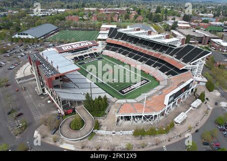 An aerial view of Reser Stadium on the campus of Oregon State, Friday, April 23, 2021, in Corvalis, Ore. The stadium is the home of the Oregon State B Stock Photo