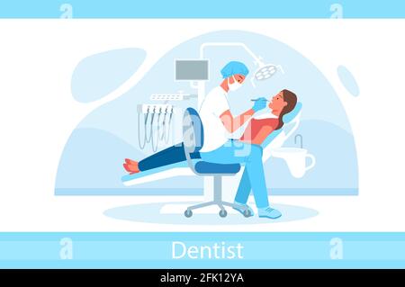 Cartoon doctor dentist character in mask holding dental instrument and examining patient teeth, woman sitting in chair isolated on white. Dentistry Stock Vector