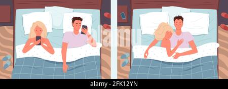Couple people sleeping poses in bed vector illustration set. Cartoon young happy man and woman characters sleep together in bedroom, wife and husband Stock Vector