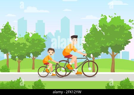 Happy family people ride bicycles sport vector illustration. Cartoon young father and son characters in sportswear riding bicycles in summer city park Stock Vector