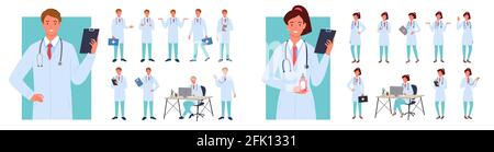 Cartoon young woman man characters in hospital uniform standing, physician doctor or consultant therapist working isolated on white. Male female Stock Vector