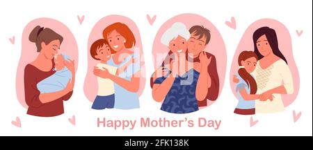 Happy mothers day concept with cute family people love, care and hug greeting card set Stock Vector